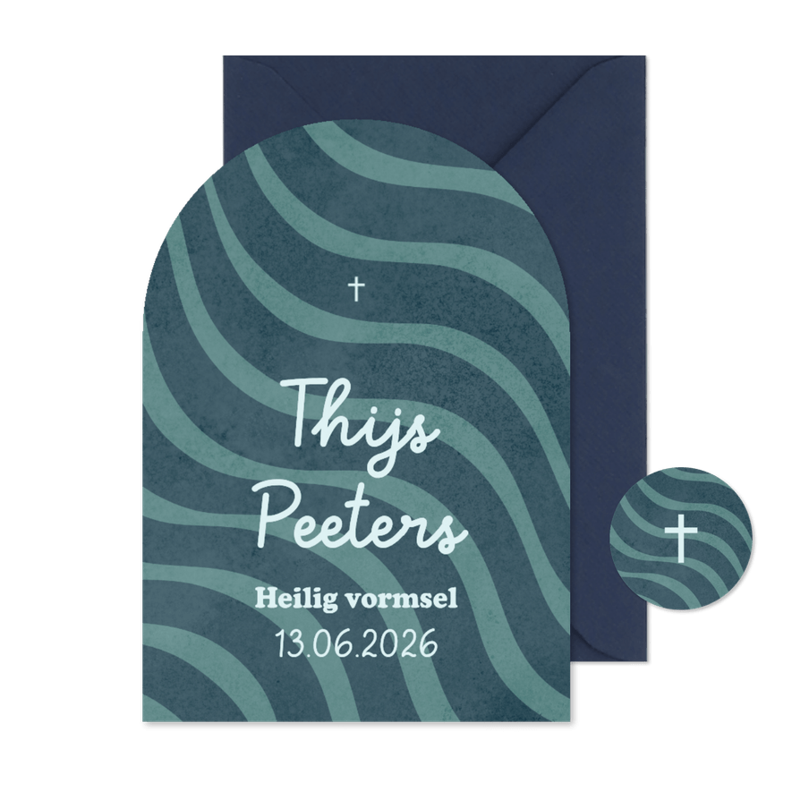 Uitnodiging heilig vormsel boogvorm wave gestreept - Kaartimpressie