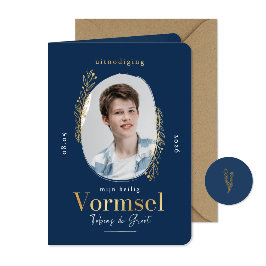 Uitnodiging heilig vormsel donkerblauw gouden takjes en foto - Kaartimpressie