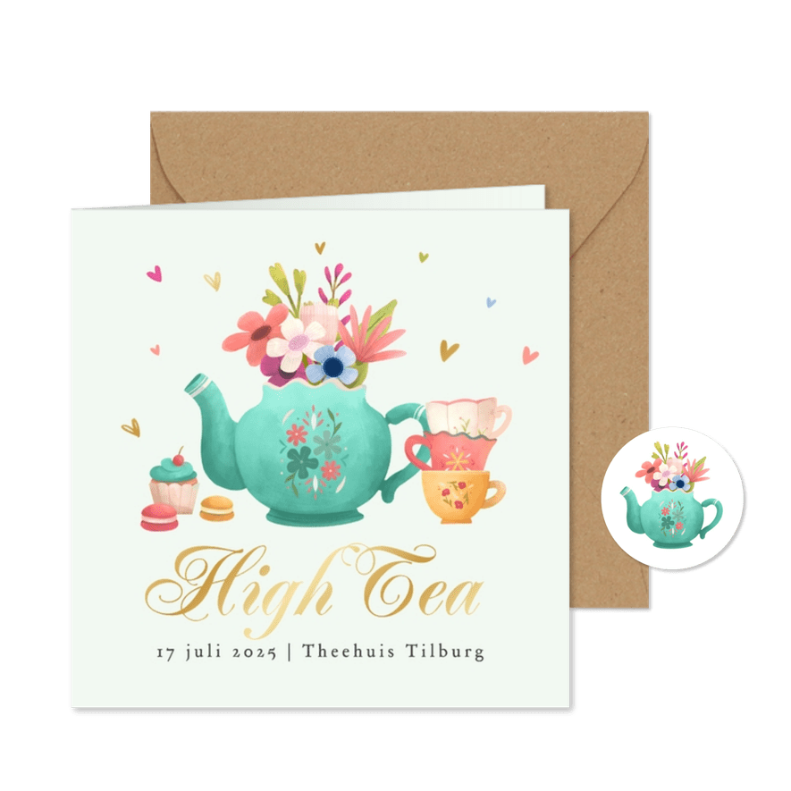 Uitnodiging High Tea bloemen theepot gebakjes hartjes - Kaartimpressie