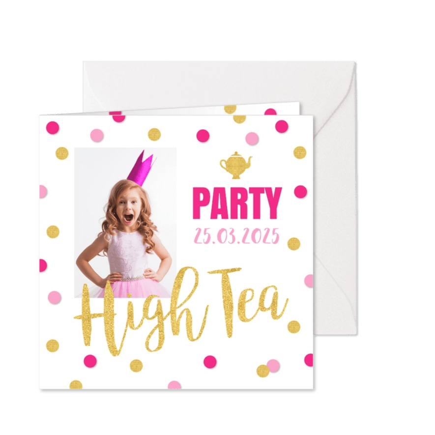 Uitnodiging High Tea confetti goud roze - Kaartimpressie