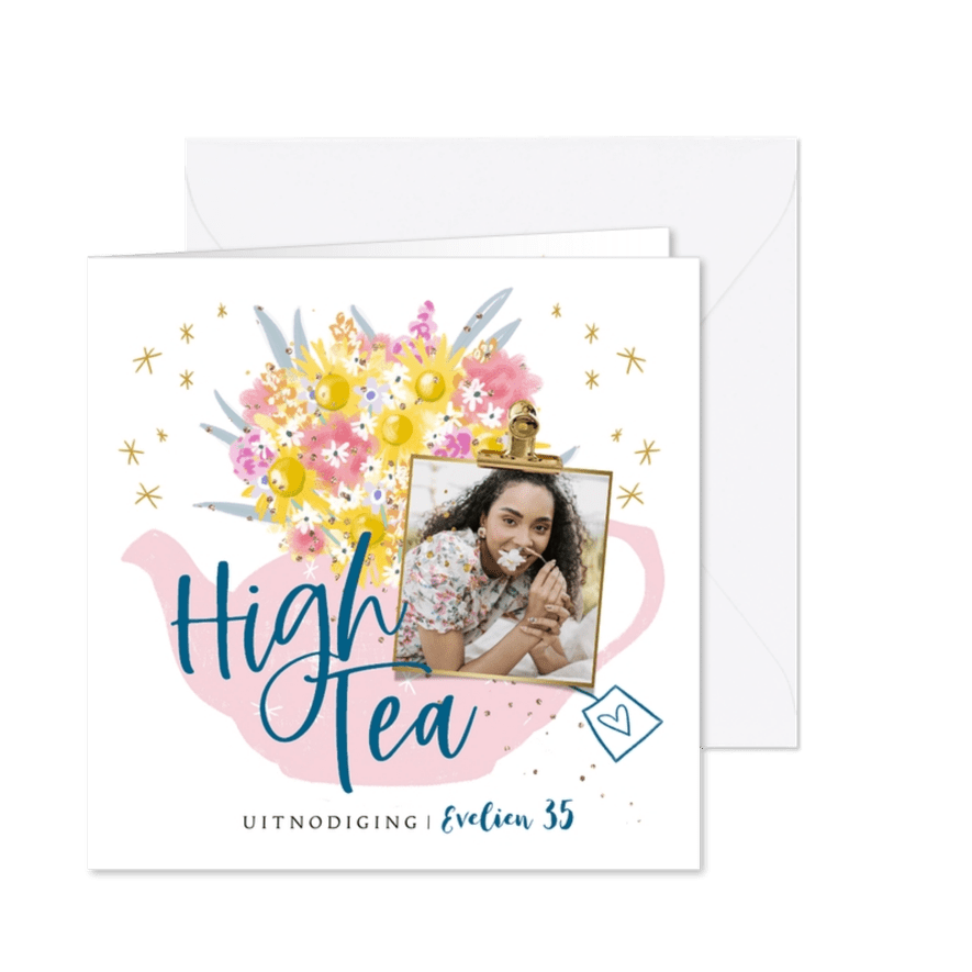 Uitnodiging high tea illustratie theepot boeket foto sterren - Kaartimpressie