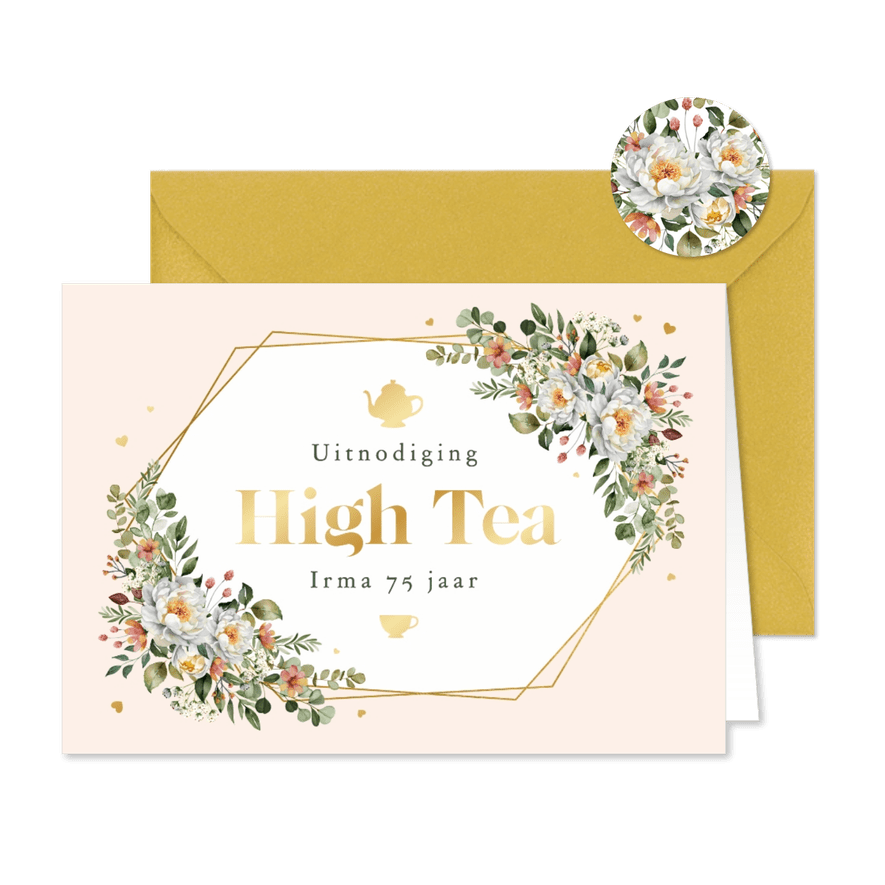 Uitnodiging high tea klassiek bloemen goud hartjes - Kaartimpressie