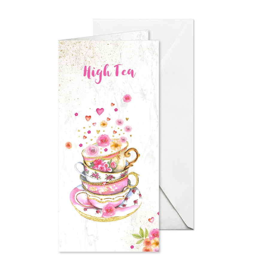 Uitnodiging High Tea kopjes bloemen - Kaartimpressie