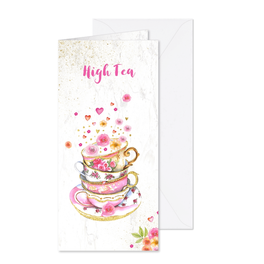 Uitnodiging High Tea kopjes bloemen - Kaartimpressie