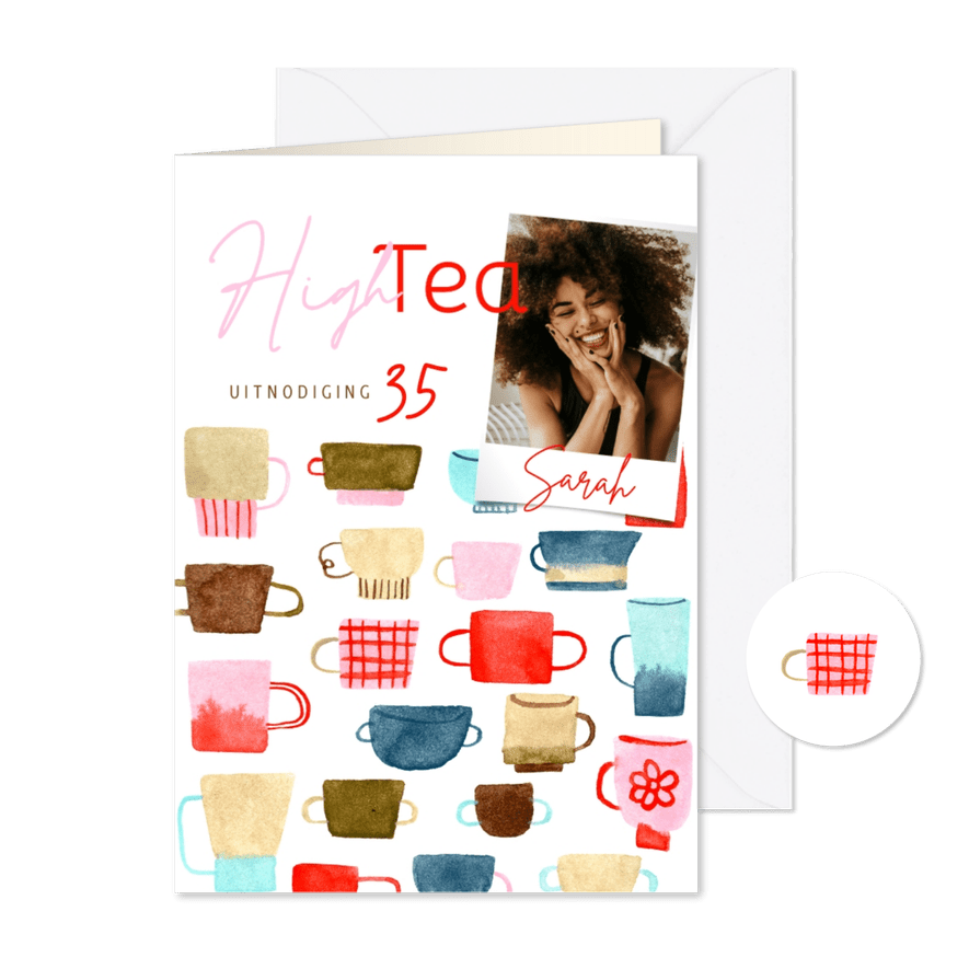 Uitnodiging high tea kopjes thee kleurrijk en foto - Kaartimpressie