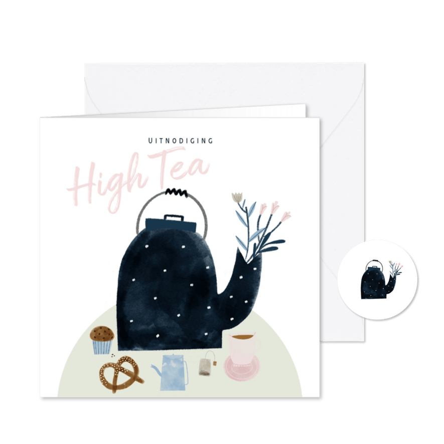 Uitnodiging High Tea met illustratie theepot - Kaartimpressie