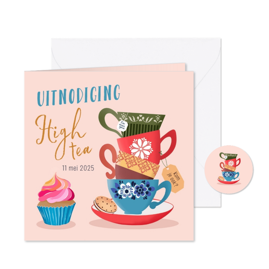Uitnodiging high tea met theekopjes - Kaartimpressie