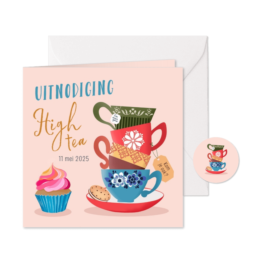 Uitnodiging high tea met theekopjes - Kaartimpressie