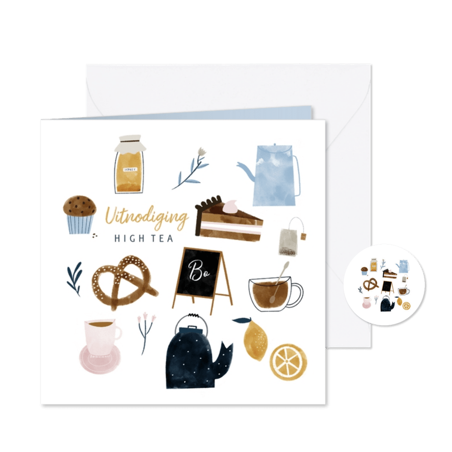 Uitnodiging High Tea met vrolijke illustraties - Kaartimpressie