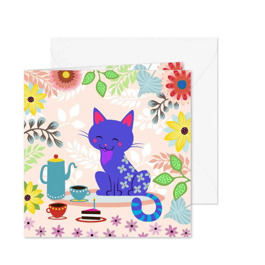 Uitnodiging High Tea met vrolijke kat en bloemen - Kaartimpressie