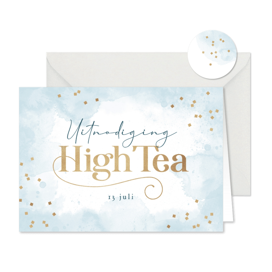 Uitnodiging high tea stijlvol waterverf confetti goud - Kaartimpressie