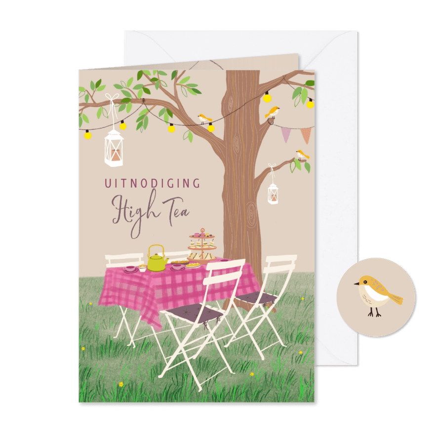 Uitnodiging High Tea tafel onder boom - Kaartimpressie