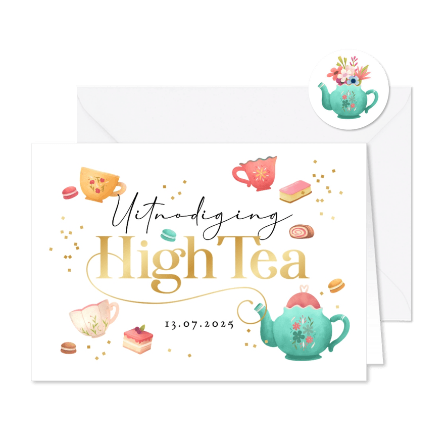 Uitnodiging high tea thee illustraties gebakjes confetti - Kaartimpressie