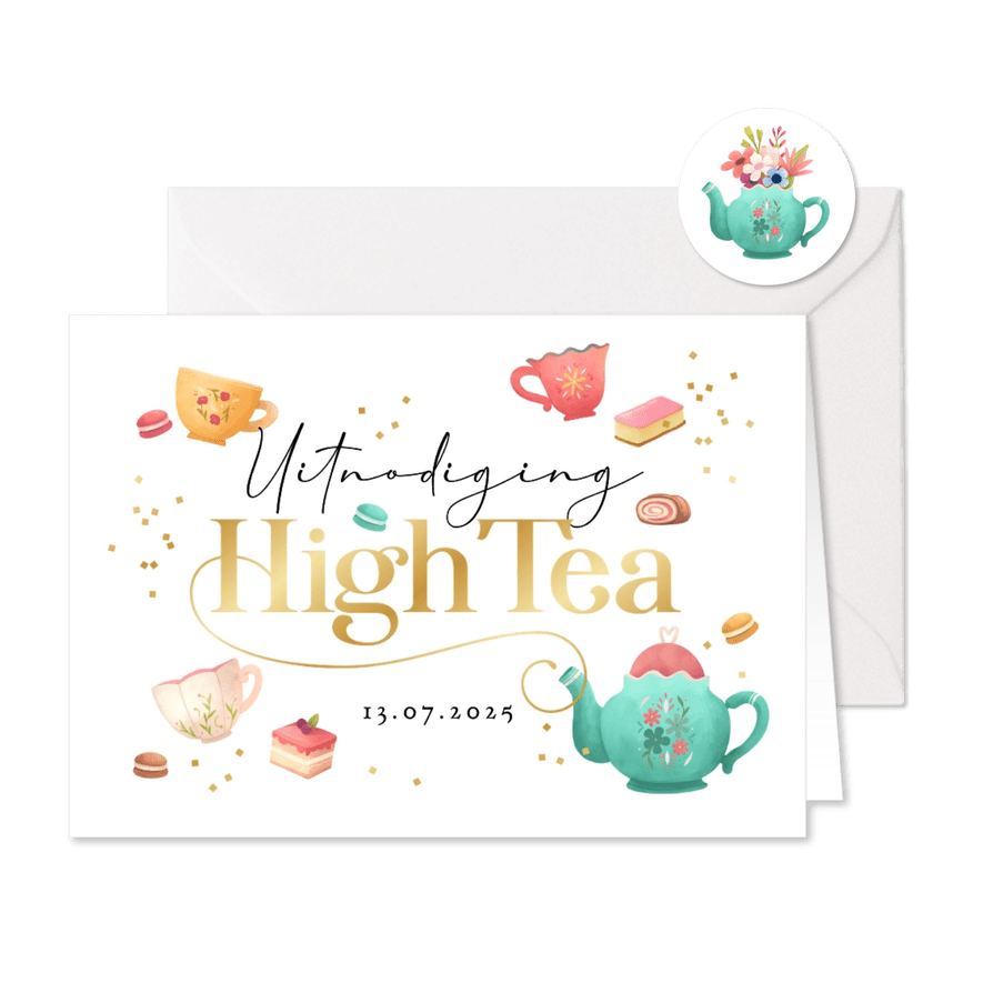 Uitnodiging high tea thee illustraties gebakjes confetti - Kaartimpressie