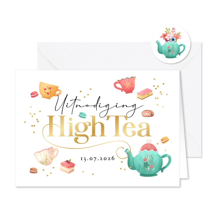 Uitnodiging high tea thee illustraties gebakjes confetti - Kaartimpressie