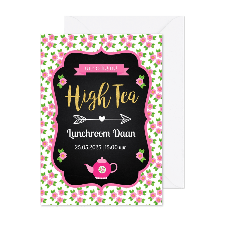 Uitnodiging High Tea typografie bloemen - Kaartimpressie
