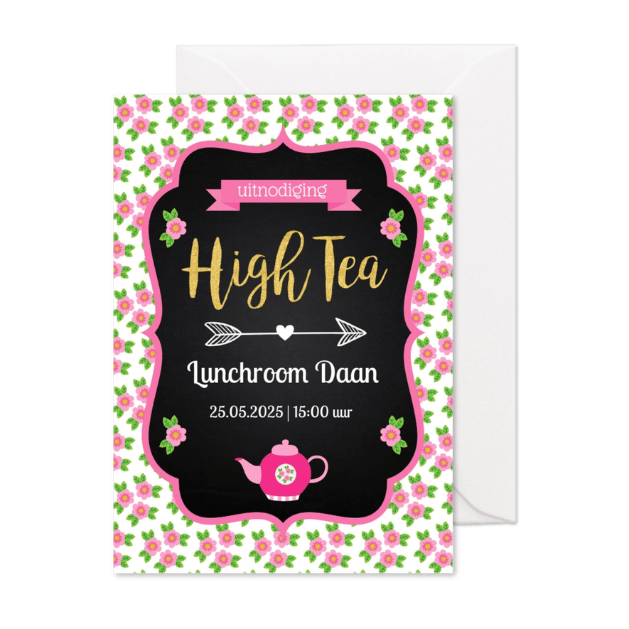 Uitnodiging High Tea typografie bloemen - Kaartimpressie