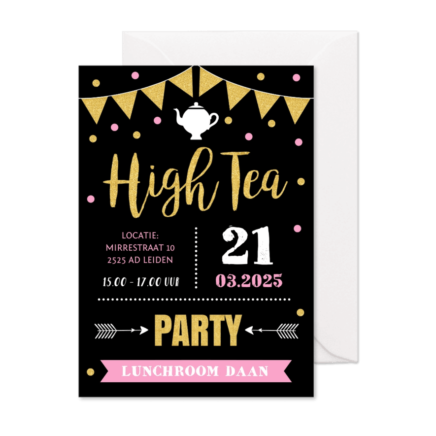 Uitnodiging High Tea typografie slinger confetti goud roze - Kaartimpressie