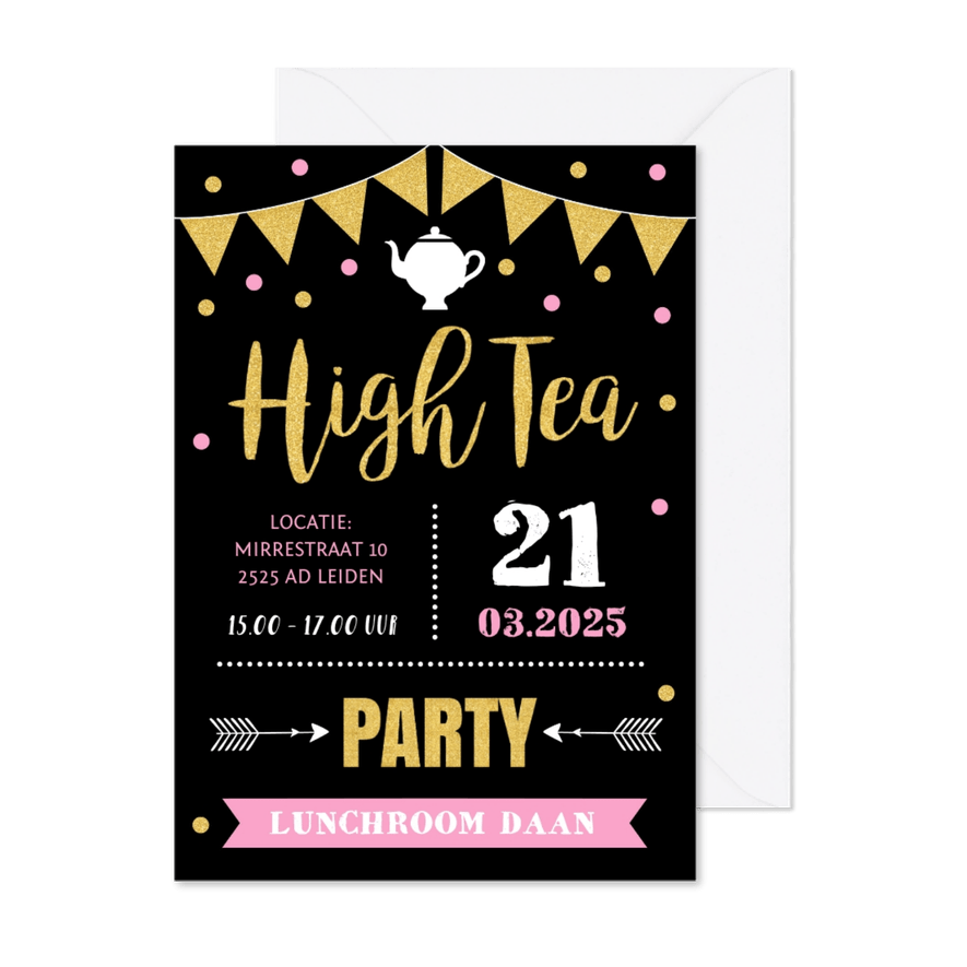 Uitnodiging High Tea typografie slinger confetti goud roze - Kaartimpressie
