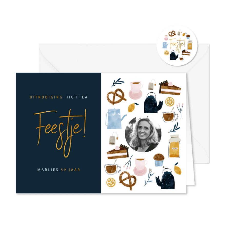 Uitnodiging High Tea verjaardagsjubileum met foto - Kaartimpressie