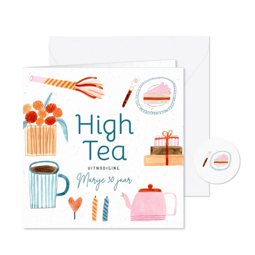 Uitnodiging high tea vrolijke roze illustraties - Kaartimpressie