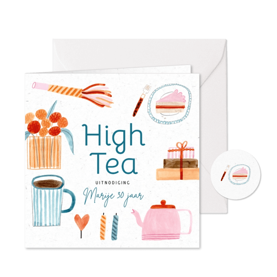 Uitnodiging high tea vrolijke roze illustraties - Kaartimpressie