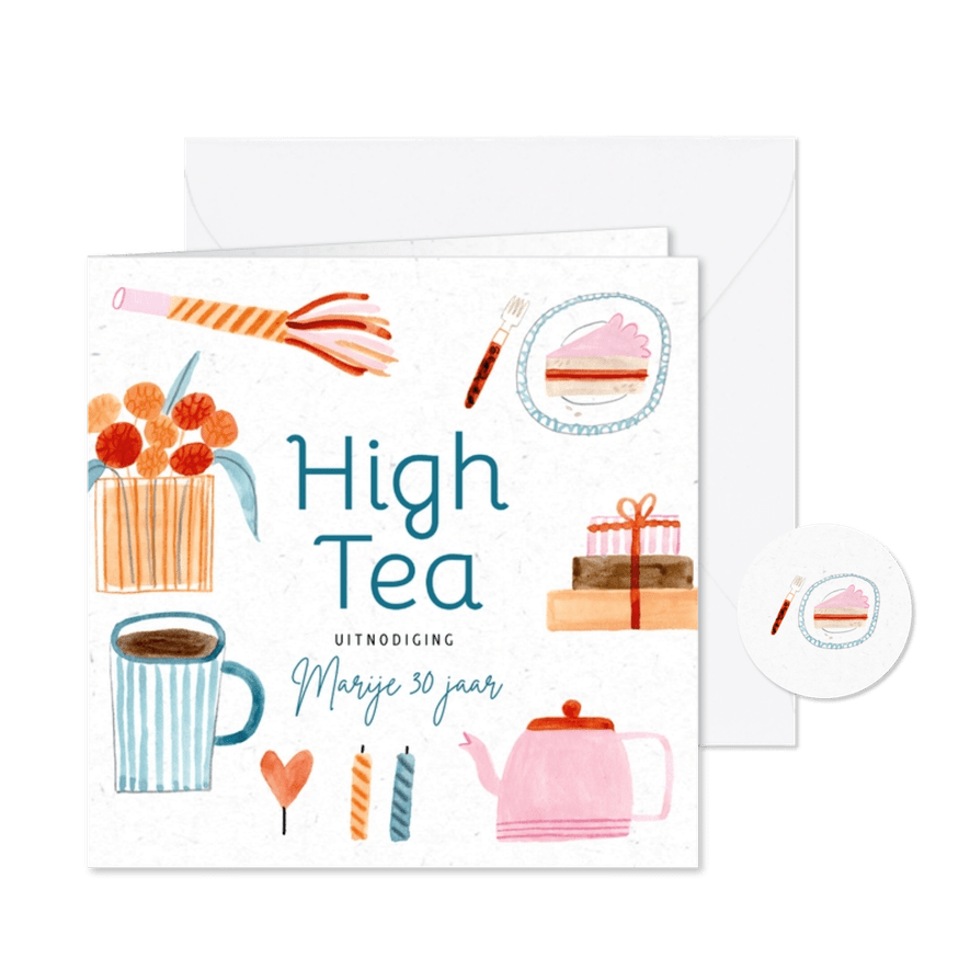Uitnodiging high tea vrolijke roze illustraties - Kaartimpressie