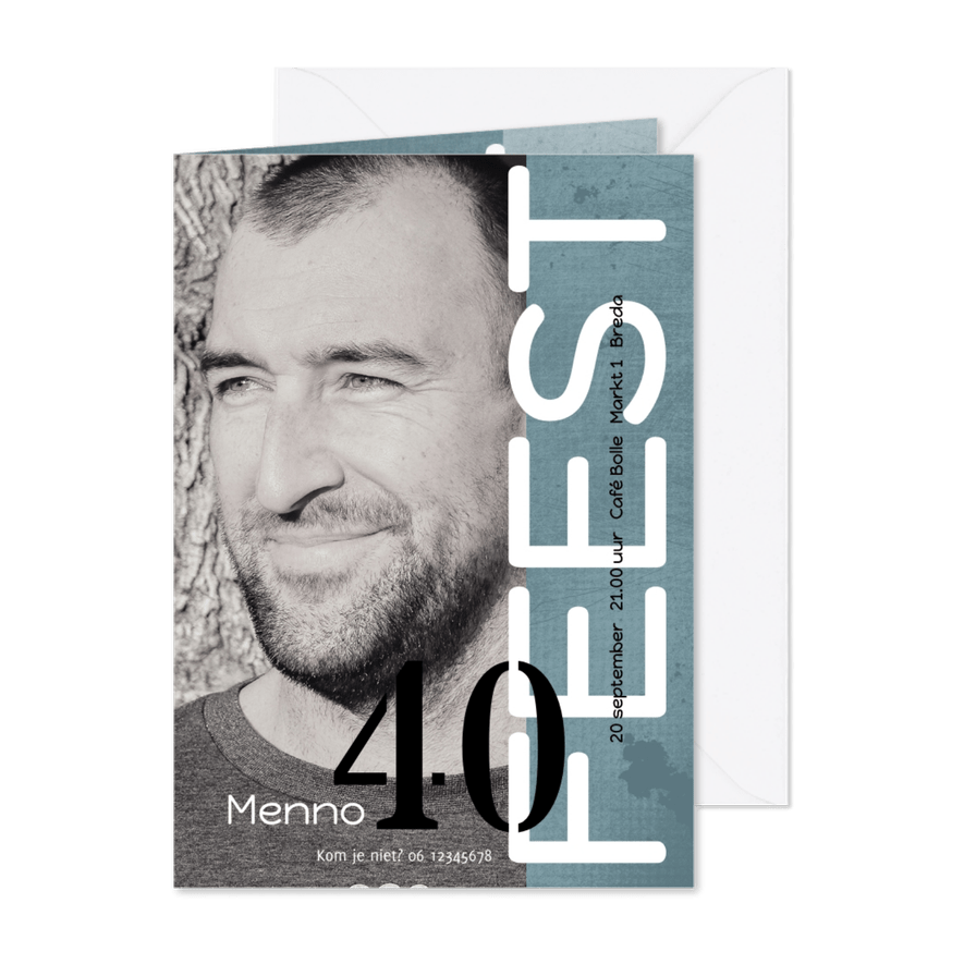 Uitnodiging modern en stoer 40 met foto - Kaartimpressie
