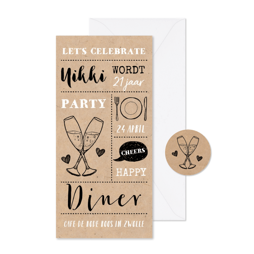 Uitnodiging hip etentje vrouw illustraties op kraft papier - Kaartimpressie