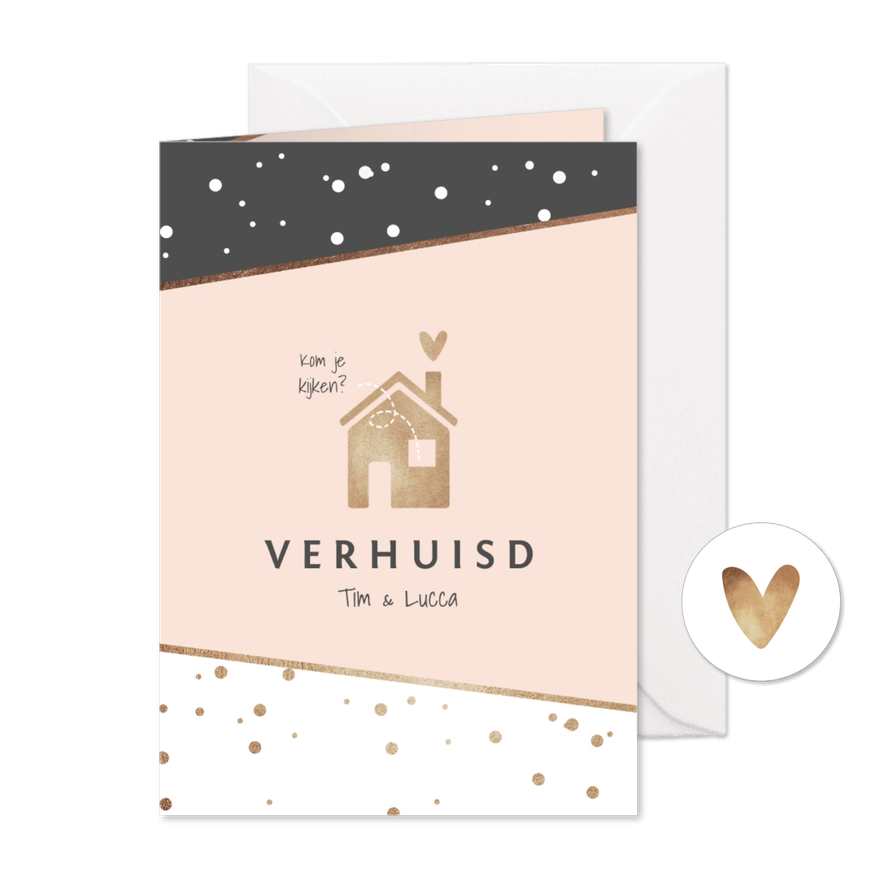 Uitnodiging hip stijlvol housewarming verhuisd huisje goud - Kaartimpressie