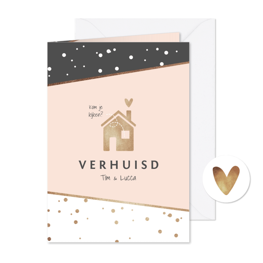 Uitnodiging hip stijlvol housewarming verhuisd huisje goud - Kaartimpressie