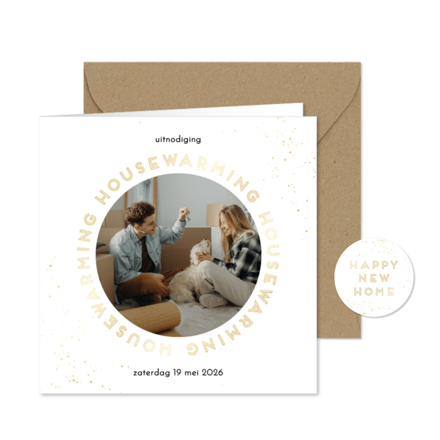 Uitnodiging housewarming cirkel goudlook met foto - Kaartimpressie