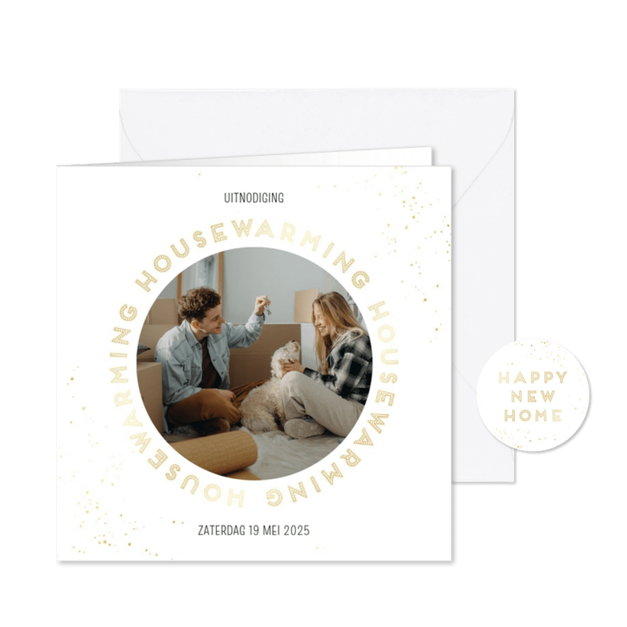 Uitnodiging housewarming cirkel goudlook met foto - Kaartimpressie