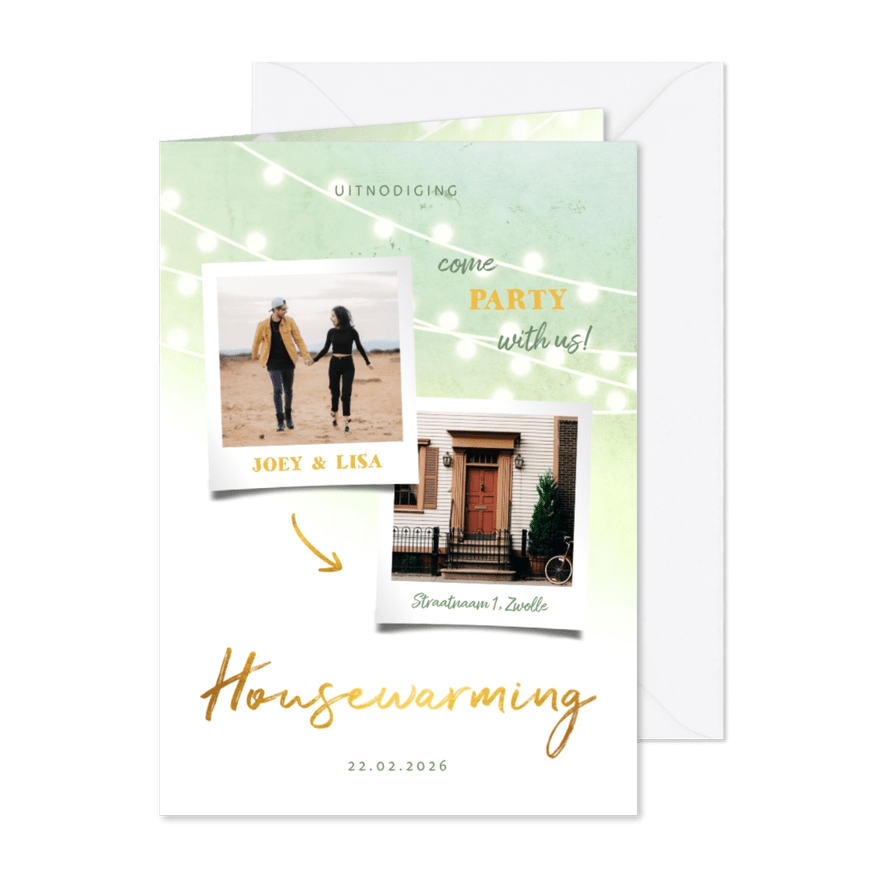 Uitnodiging housewarming goud met foto's en lampjes - Kaartimpressie