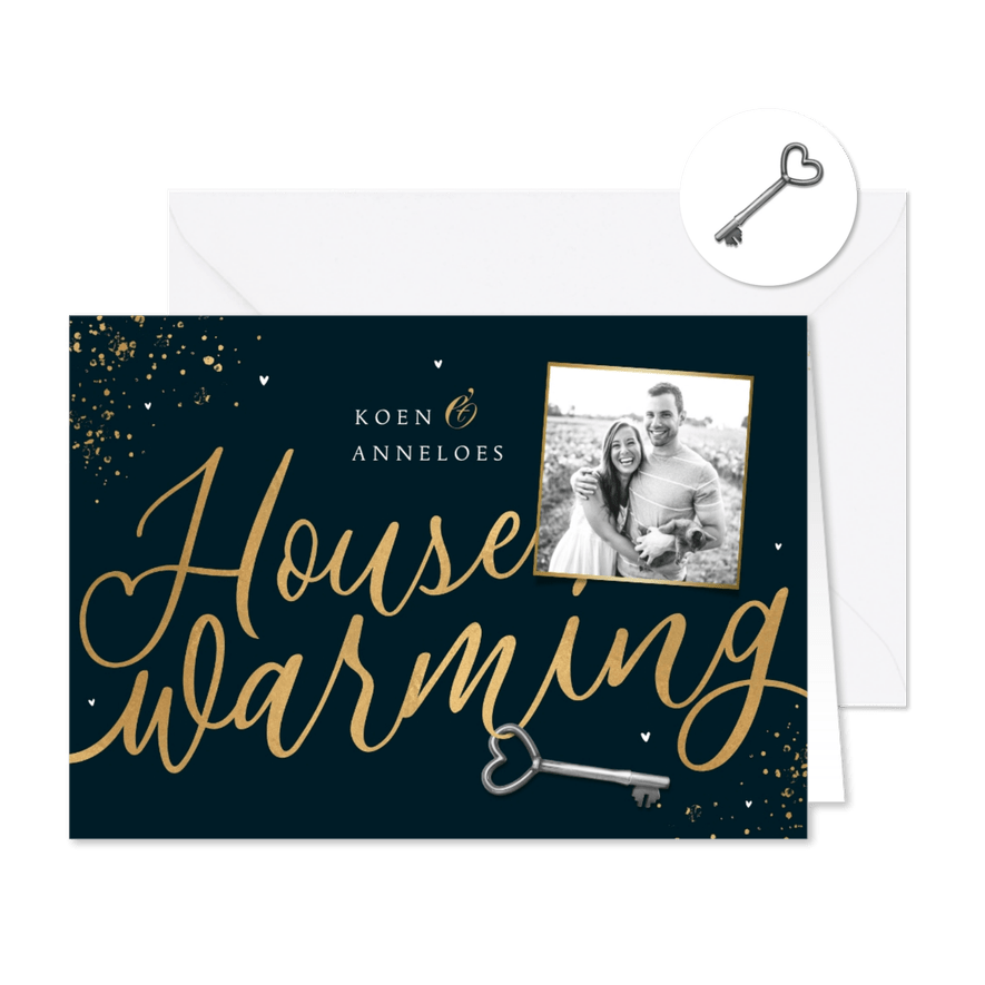 Uitnodiging housewarming goud spetters sleutel foto - Kaartimpressie