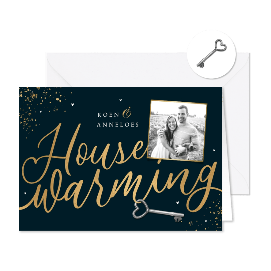 Uitnodiging housewarming goud spetters sleutel foto - Kaartimpressie