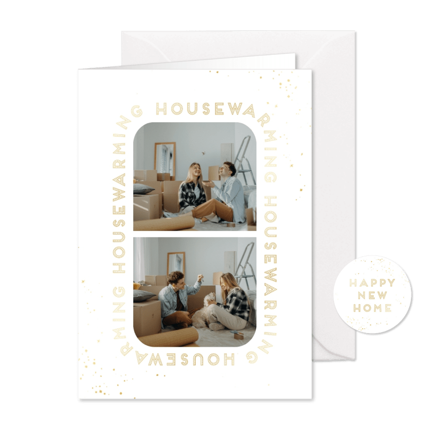 Uitnodiging housewarming goudlook met foto's - Kaartimpressie