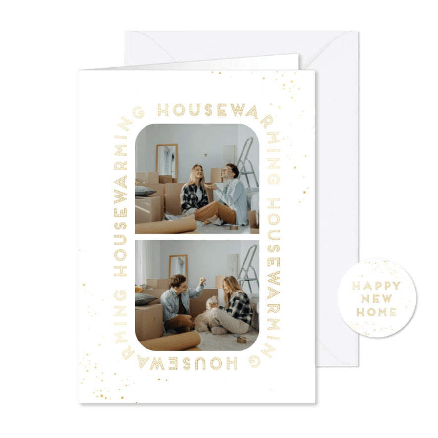 Uitnodiging housewarming goudlook met foto's - Kaartimpressie