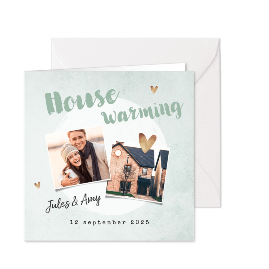 Uitnodiging housewarming groen goud plantje foto's - Kaartimpressie
