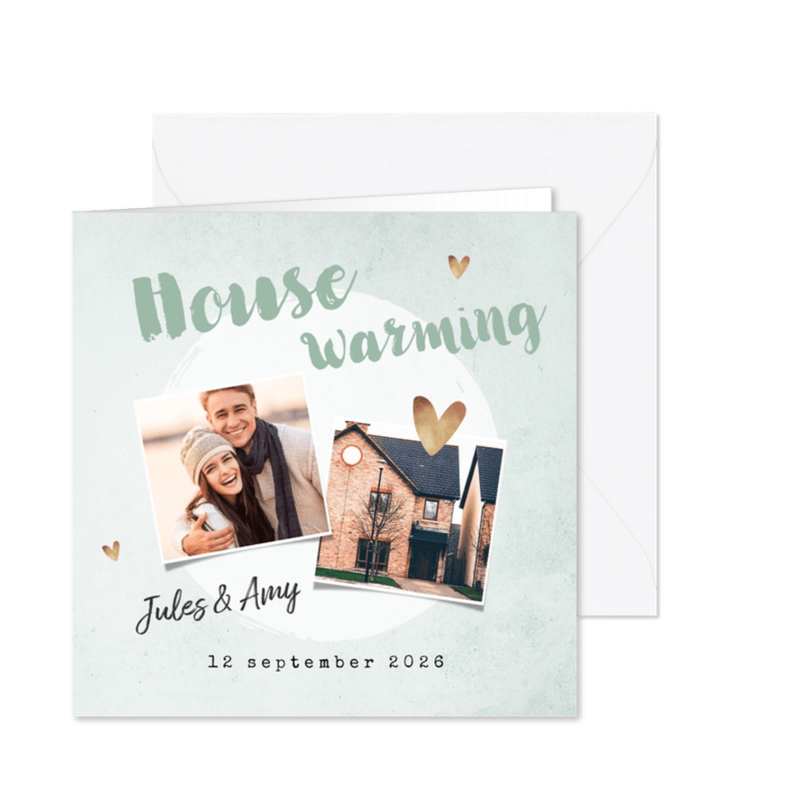 Uitnodiging housewarming groen goud plantje foto's - Kaartimpressie