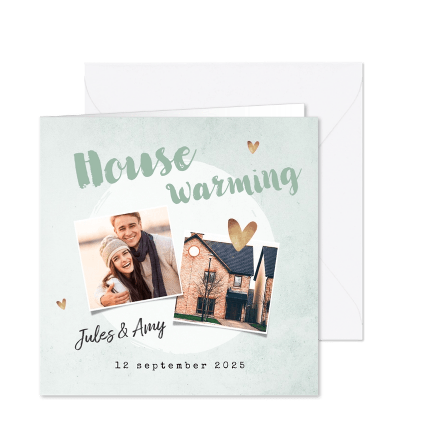 Uitnodiging housewarming groen goud plantje foto's - Kaartimpressie