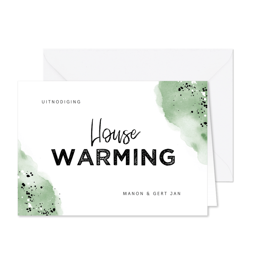 Uitnodiging housewarming hip met waterverf en spetters - Kaartimpressie