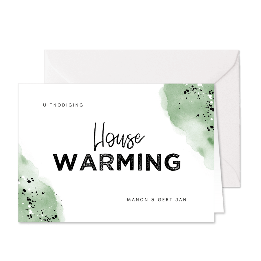 Uitnodiging housewarming hip met waterverf en spetters - Kaartimpressie