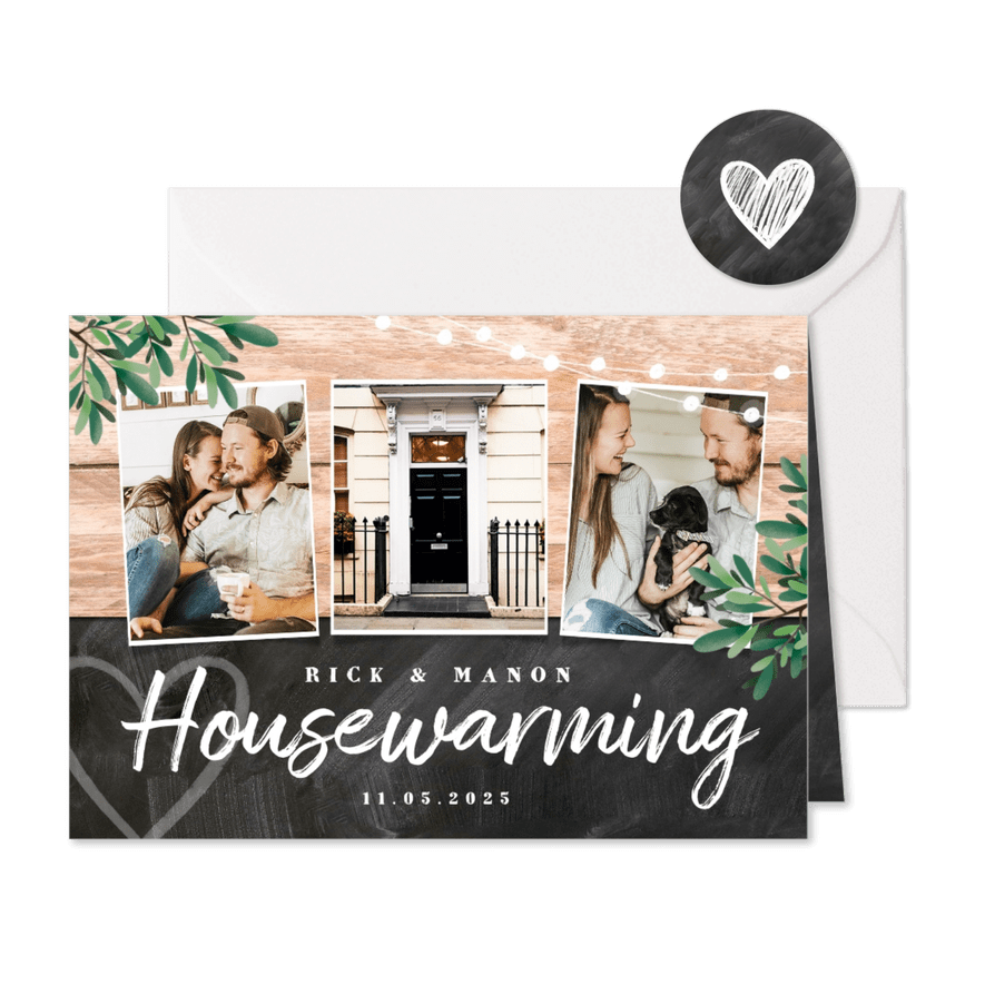 uitnodiging housewarming hout krijt planten foto's - Kaartimpressie