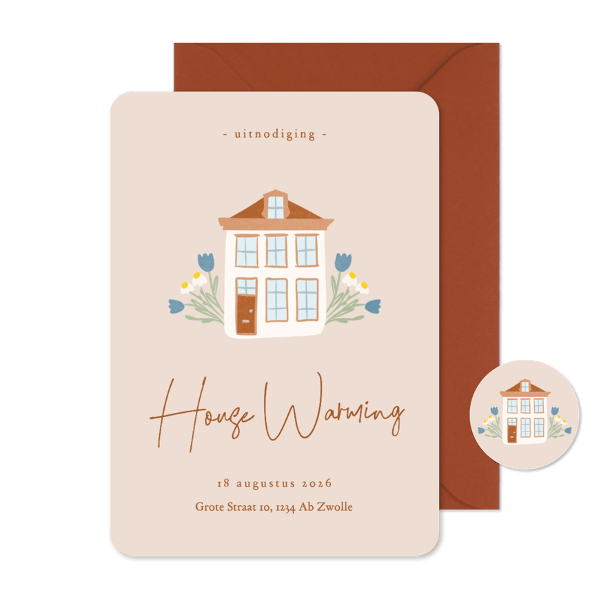 Uitnodiging housewarming in beige met huisje en bloemen - Kaartimpressie