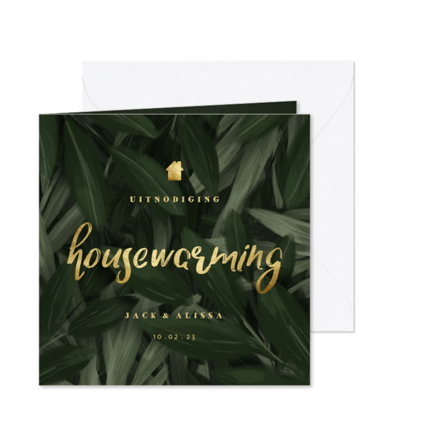 Uitnodiging housewarming jungle bladeren met gouden accenten - Kaartimpressie