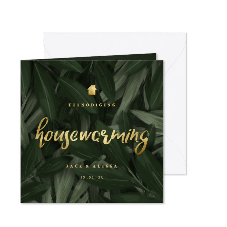 Uitnodiging housewarming jungle bladeren met gouden accenten - Kaartimpressie