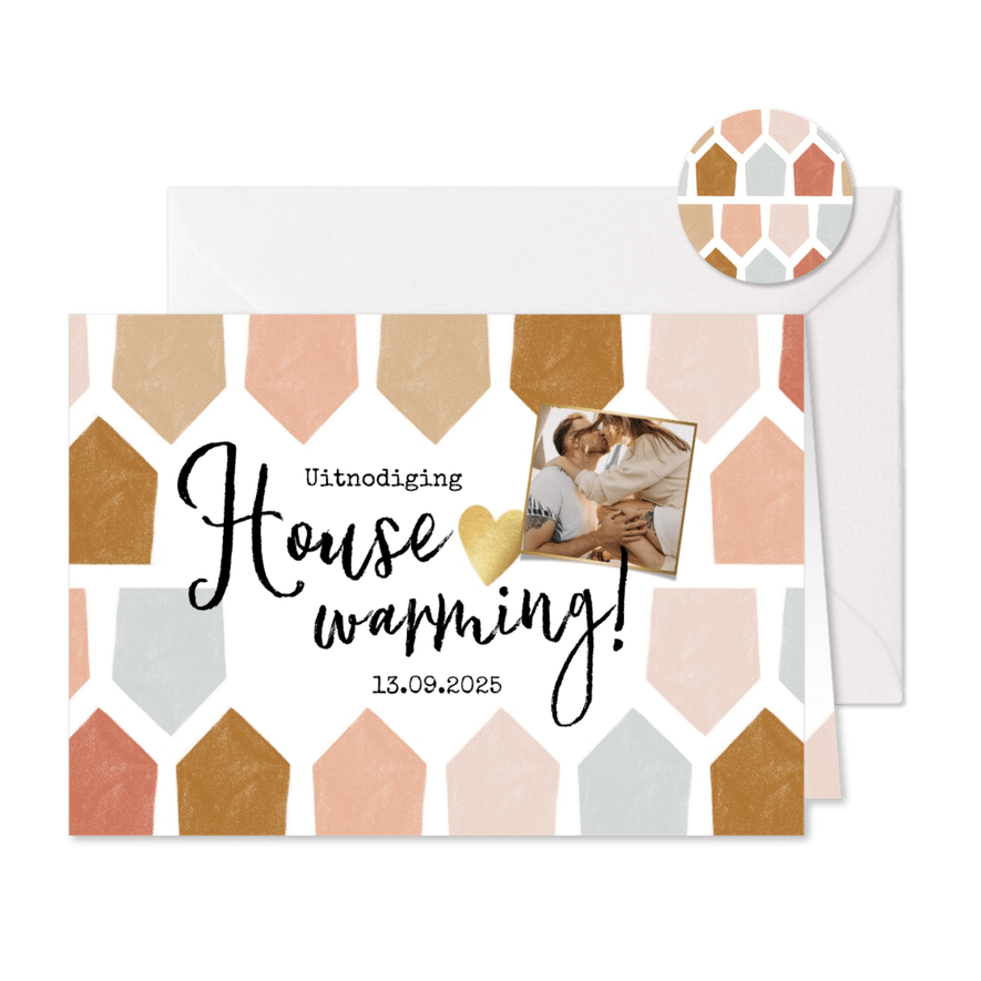 Uitnodiging housewarming met abstract huisjes patroon - Kaartimpressie