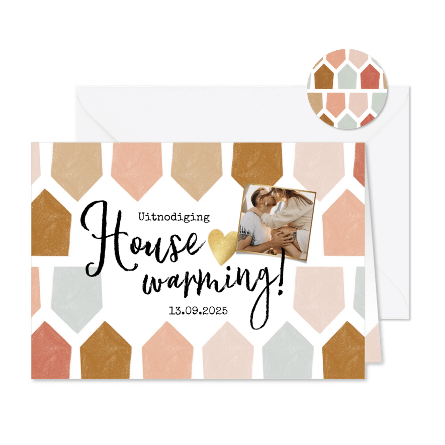 Uitnodiging housewarming met abstract huisjes patroon - Kaartimpressie