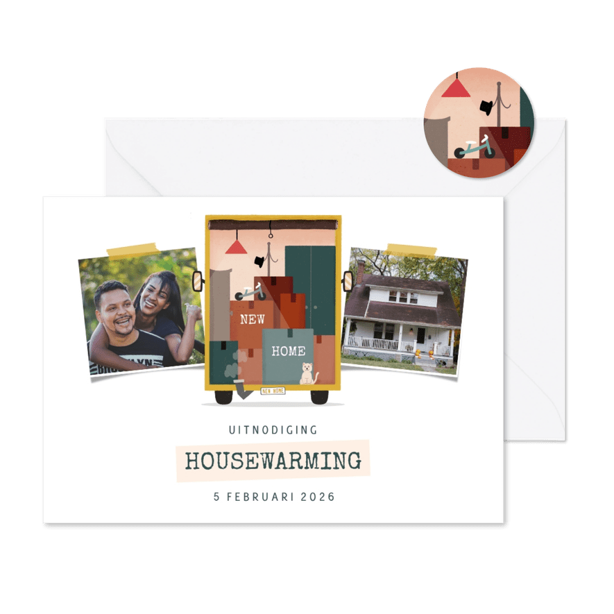Uitnodiging housewarming met foto en verhuiswagen - Kaartimpressie